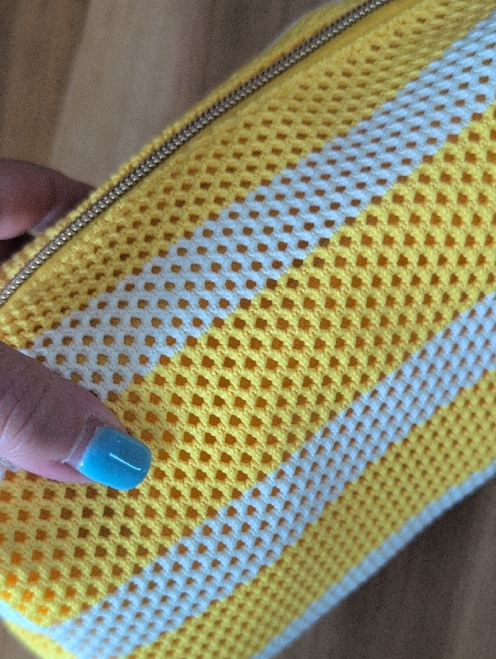 Blush Crochet Cosmetic Pouch in Yellow and White with Red Cherry Charm - Picture 5 of 10